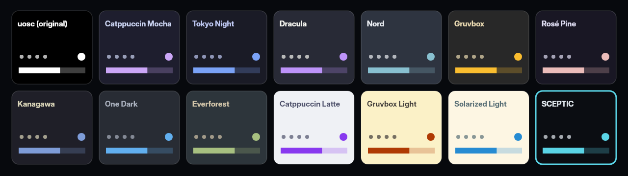 The 14 hikari palettes for mpv: Catppuccin, Tokyo Night, Dracula, Nord, Gruvbox, Rosé Pine, Kanagawa, One Dark, Everforest, Solarized and SCEPTIC